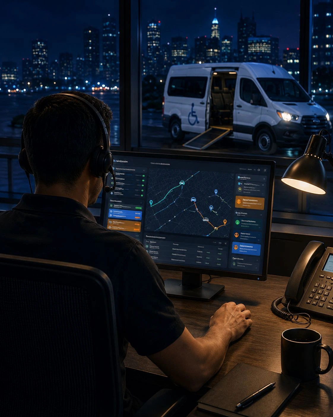 NEMT dispatcher monitoring routes and coordinating wheelchair transport at night
