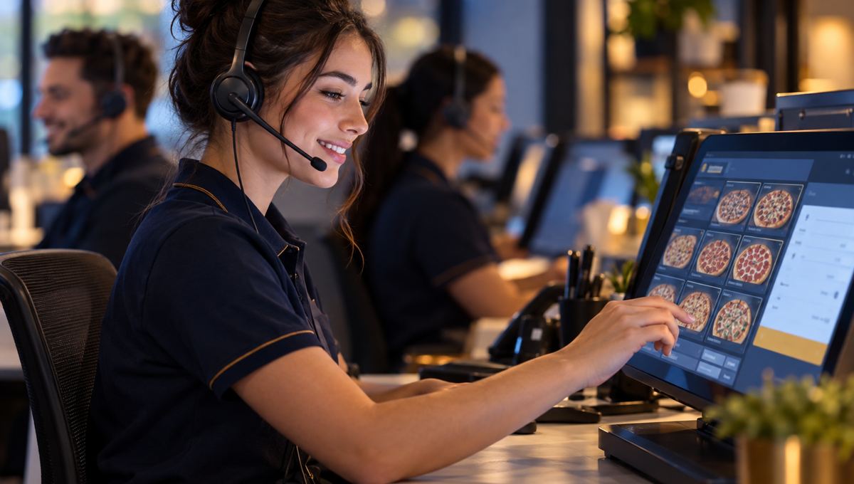Order taker wearing a headset entering a pizza order into a POS